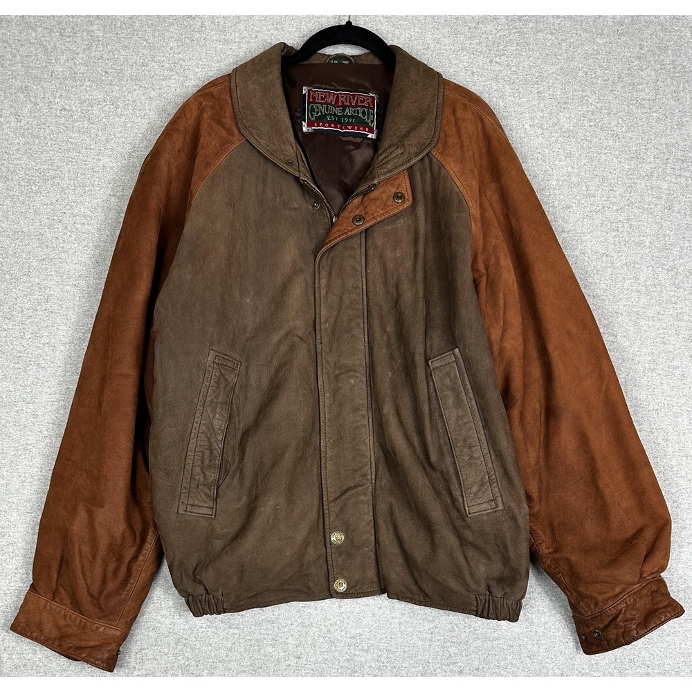 Vintage New River Jacket Mens Large Brown Leather Bomber Full Zip Lined Workwear